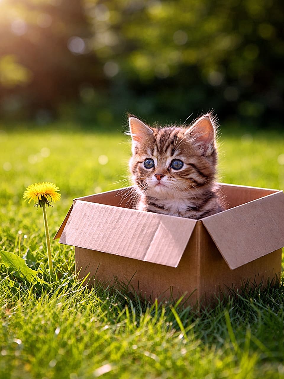 「小さな箱の中から外の世界をのぞく子猫。はじめて出会う草や風にドキドキしながら、タンポポにそっと興味津々です🐾」A fluffy tabby kitten sitting inside a cardboard box on a sunlit green grassy lawn, looking out curiously at a single dandelion nearby under natural warm lighting. 日差しの差し込む緑の芝生の上に置かれた段ボール箱の中に座り、近くのタンポポを好奇心いっぱいに見つめるふわふわの子猫