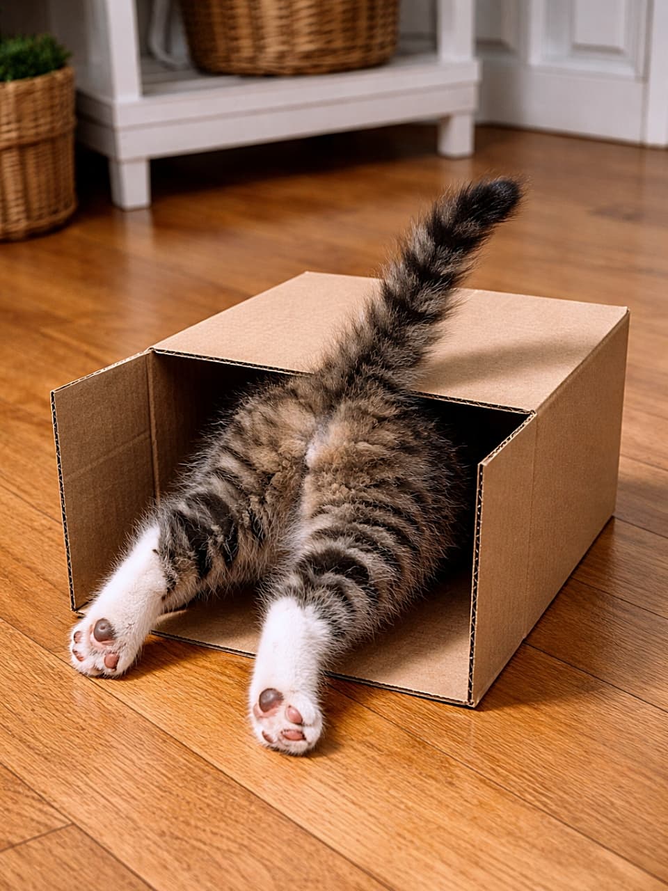 「段ボールに夢中になりすぎて前進中の子猫。足としっぽだけ残る姿がなんとも愛らしく、思わず見守りたくなるワンシーンです🐾」A photorealistic image of a fluffy tabby kitten stuck halfway inside a cardboard box, with its hind legs and tail sticking out on a wooden floor in a cozy indoor setting. 室内の木製フロアに置かれた段ボール箱に、トラ柄の子猫が半分入り込み、後ろ足としっぽだけが外に出ているフォトリアルな様子