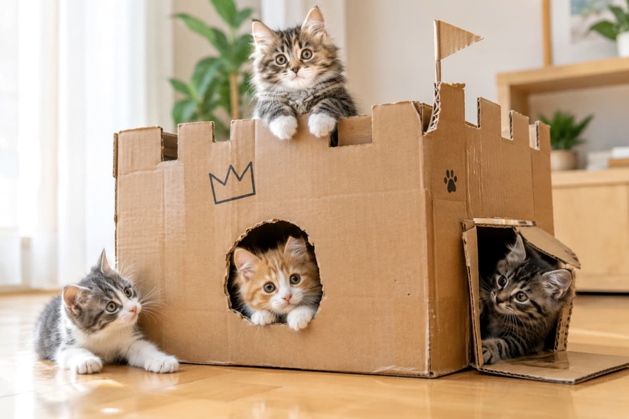 「僕たちのお城へようこそニャ！🏰🐾4匹それぞれの好奇心いっぱいな表情に、心がぽかぽか温まりますね✨ #子猫 #猫のいる暮らし #にゃんすたぐらむ」Ultra-realistic high-quality photograph of four playful kittens interacting around a handmade cardboard castle on a wooden floor. A fluffy tabby kitten sits atop the fort, an orange-and-white kitten peeks from a round opening, another tabby watches from a doorway, and a grey tabby lies relaxed on the floor under soft indoor sunlight. 明るいリビングのフローリングで、手作りの段ボール城で遊ぶ4匹の子猫たち。屋上からは白い靴下を履いた長毛キジトラが見下ろし、中央の丸穴から茶白の子猫が顔を出し、右の小窓からキジトラが覗き、左下の床にはサバ白がのんびり寝そべる。柔らかな自然光がそれぞれの豊かな毛並みと輝く瞳を立体的に照らし出す温かな情景