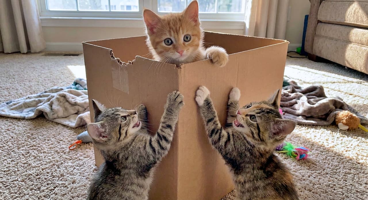 「茶トラ城を守れ！🏰 キジトラ隊の猛攻撃にも余裕の表情？お部屋で繰り広げられる大冒険🐾✨」Wide shot of a ginger kitten inside a tall cardboard box looking down at two grey tabby kittens trying to climb up from the carpeted floor. Sunlight streams into the living room. 明るいリビングで、背の高い段ボール箱の中から顔を出す茶トラ子猫と、カーペットの上からよじ登ろうとする2匹のキジトラ子猫