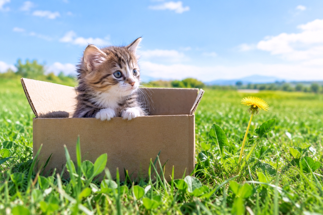 「外の世界って広いニャ！🌼箱から一歩踏み出す小さな冒険者に、思わずエールを送りたくなりますね🐾☀️ #子猫 #猫のいる暮らし #にゃんすたぐらむ」Ultra-realistic high-quality photograph of a brave Siberian-style tabby-and-white kitten peeking out of a cardboard box on a vibrant green lawn under a sunny blue sky. Resting its soft white paws on the box edge with clear hazel-blue eyes, next to a single blooming yellow dandelion in bright natural daylight. 青空と白い雲が広がる一面の緑の草原で、段ボール箱から前足を出し顔を覗かせるサイベリアン風のキジトラ白子猫。澄んだ青灰色の瞳で好奇心いっぱいに遠くを見つめ、箱の右隣には一輪の黄色いタンポポが咲き誇る。鮮やかな自然光がふわふわな被毛と広大な風景を鮮明に照らす、清々しく心温まる情景
