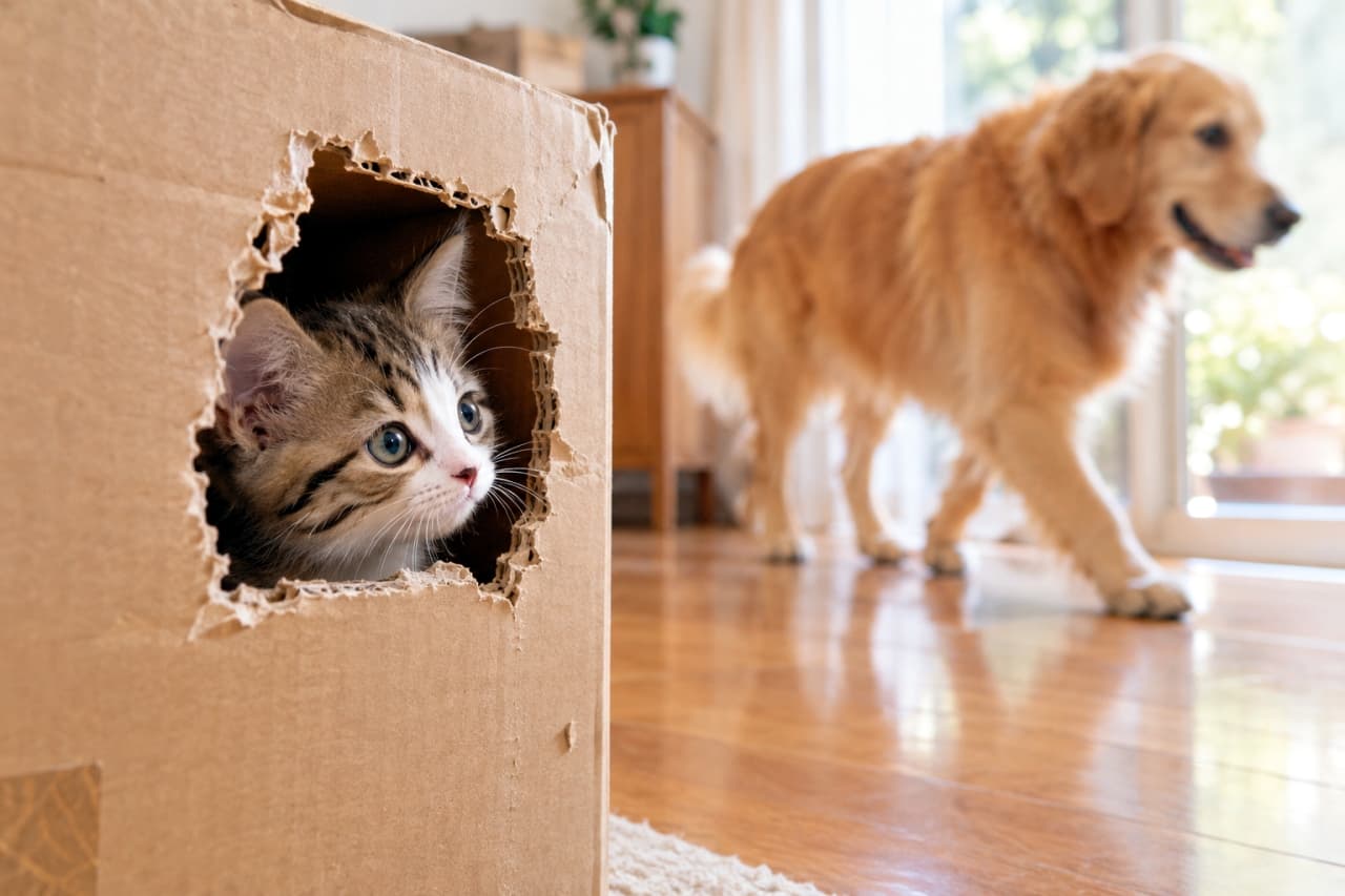 「秘密基地からパトロール中ニャ！📦🐕通り過ぎる大きなワンちゃんを真剣に見守る瞳に引き込まれますね🐾✨ #子猫 #猫のいる暮らし #にゃんすたぐらむ」Ultra-realistic high-quality photograph of a curious domestic short-haired tabby-and-white kitten peeking through a rough window cut out of a cardboard box. With wide, focused hazel-blue eyes, it watches a golden retriever walk past on the blurred wooden floor in the sunlit background, capturing an intimate storytelling moment with shallow depth of field. 明るいリビングで、手前の段ボール箱に開いた穴から顔を出すキジ白の短毛ミックス子猫。澄んだ青灰色の瞳を輝かせて外をうかがい、ボケた奥のフローリングを歩くゴールデンレトリバーをじっと見つめる。手前にピントを合わせた浅い被写界深度と柔らかな自然光が、日常の物語を感じさせる温かな情景