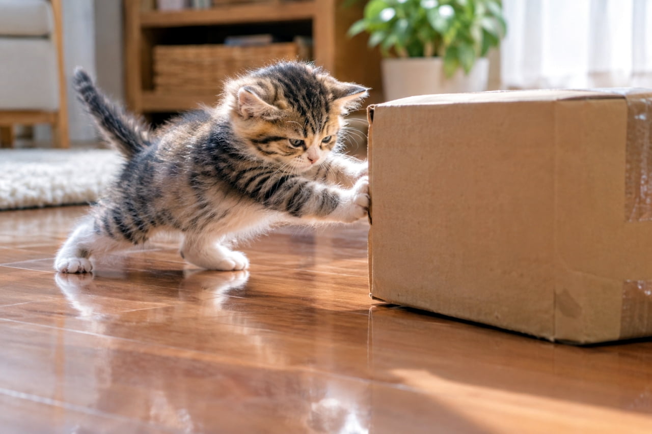 「よいしょ、よいしょ！📦💨全身の力をこめて箱を押す真剣な姿に声援を送りたくなりますね🐾✨ #子猫 #猫のいる暮らし #にゃんすたぐらむ」Ultra-realistic high-quality photograph of a determined tabby-and-white kitten pushing a cardboard box across a polished wooden floor. Showing its tensed striped fur and focused amber eyes as it strains with tiny paws, with glossy reflections on the floor and warm natural sunlight spilling from a nearby window. 光沢あるフローリングの上で段ボール箱を力いっぱい押す、アメリカンショートヘア風のキジ白子猫。縞模様の被毛を波打たせ、真剣な琥珀色の瞳で前を見据え、小さな四肢を踏ん張る。床の美しい反射光と窓辺の柔らかな自然光が、健気な挑戦をドラマチックに照らす情景