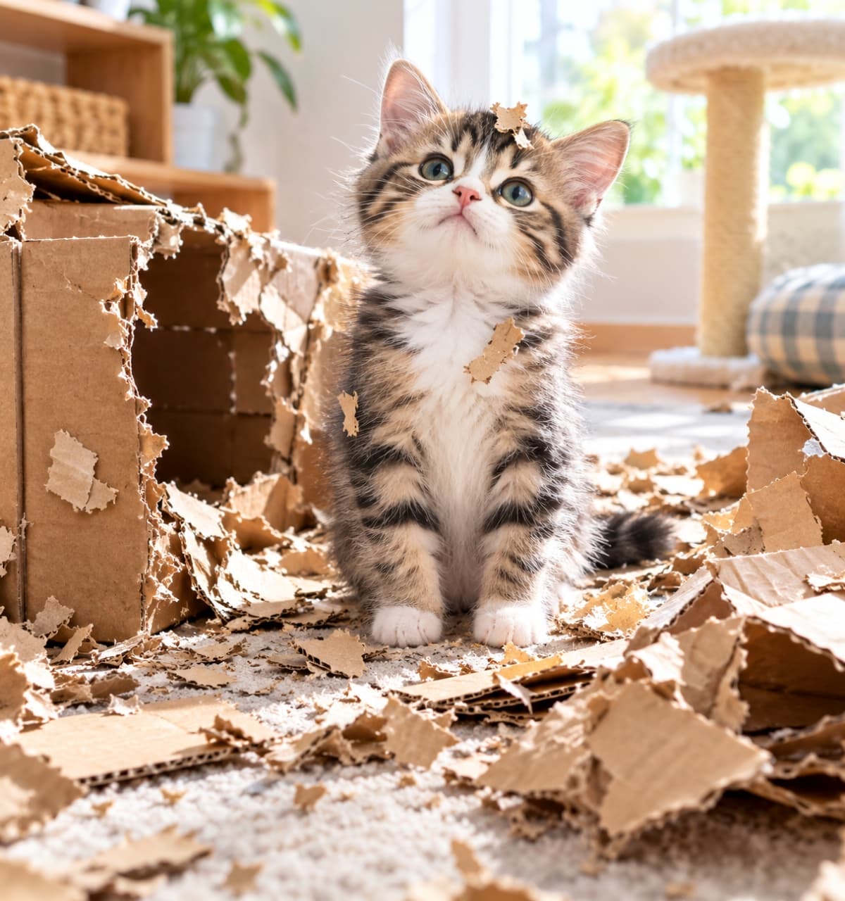 「ボクの最高傑作ができたニャ！🎨📦誇らしげに見上げるキラキラな瞳に、思わず笑みがこぼれて癒やされますね🐾✨ #子猫 #猫のいる暮らし #にゃんすたぐらむ」Ultra-realistic high-quality photograph of a mischievous tabby-and-white kitten sitting proudly amid a pile of shredded cardboard pieces on a bright living room rug, with bits of paper stuck to its fur and wide hazel-green eyes looking upward in soft natural daylight. 明るい日差しが差し込むリビングで、細かくちぎった段ボール片の山の中に誇らしげに座るアメリカンショートヘア風のキジ白子猫。頭や胸元に紙屑をくっつけ、澄んだヘーゼルグリーンの瞳で上を見上げる。窓辺からの柔らかな自然光が縞模様の美しい被毛と散らばるクラフト紙の質感を鮮やかに照らし出す温かな情景