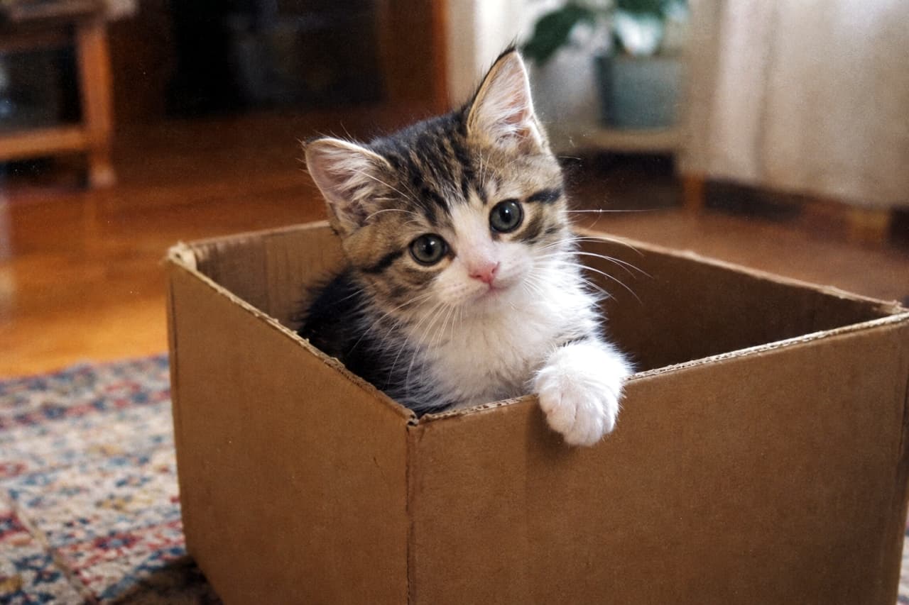 「箱の角にお手々をちょこん🐾フィルム調の優しい光と無垢な眼差しに、心がほっこり温まりますね📦✨#子猫 #猫のいる暮らし #にゃんすたぐらむ」Ultra-realistic high-quality photograph in candid 35mm film style, showing an adorable tabby-and-white kitten sitting inside a cardboard box and casually resting one white paw over the edge. Featuring soft film grain, natural texture, clear dark eyes, and warm ambient indoor lighting in a cozy home setting. 柔らかな室内光が差し込む部屋で、段ボール箱に入り白い片足を縁に預ける日本猫風のキジ白子猫。大きなオリーブがかった瞳で静かにこちらを見つめ、耳先の繊細な被毛が35mmフィルム特有の温かな粒状感の中で情緒豊かに浮かび上がる。背景の絨毯や木製家具が心地よい日常の安らぎを醸し出す情景