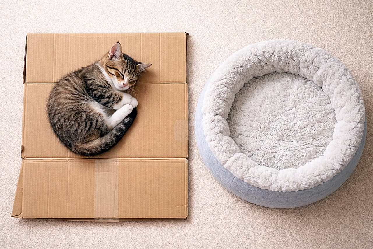 「ふかふかベッドはスルーして段ボールを選ぶ子猫。やっぱり箱が落ち着く…そんな気まぐれが愛おしい一枚です🐾」A top-down view of a small kitten sleeping peacefully on a flattened cardboard box, curled up with its paws tucked in, next to an unused plush cat bed, highlighting a humorous contrast in comfort choices. 平らにされた段ボールの上で丸くなって眠る子猫と、隣に置かれた未使用のふかふかの猫用ベッドを上から捉えた構図で、快適さの選択の対比がユーモラスに表現されている