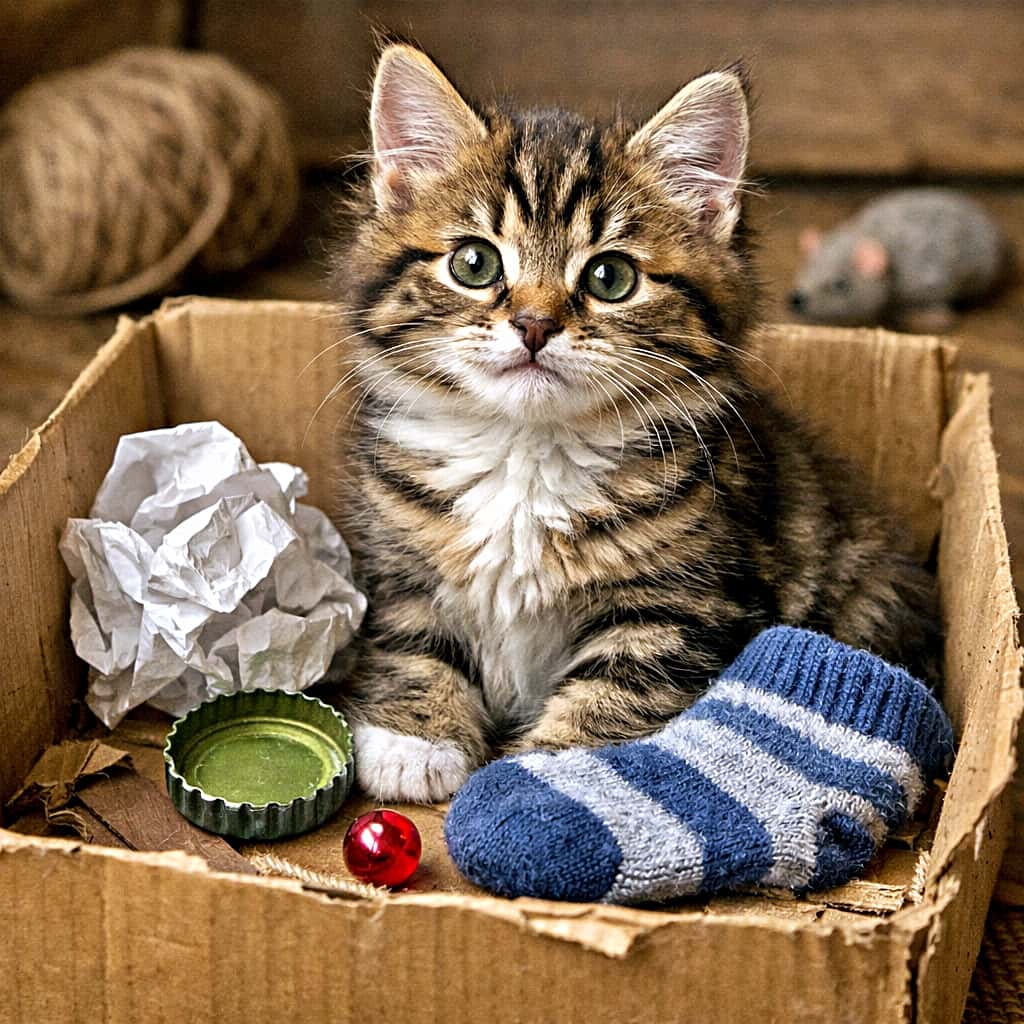 「拾ったもの全部が宝物。今日も段ボール王国で、子猫の自慢げコレクション展示会🐾」A proud tabby kitten sitting inside a cardboard box filled with its little treasures, including a bottle cap, crumpled paper, a sock, and a shiny bead, captured as a detailed still life. ボトルキャップや丸めた紙、靴下、光るビーズを宝物のように集めた段ボール箱の中で、誇らしげに座る子猫の静物風写真