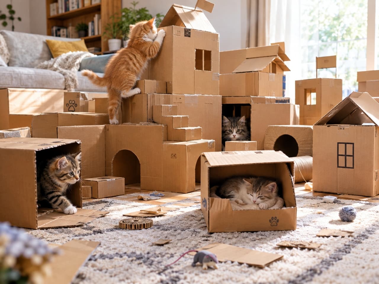「僕らの秘密基地が完成ニャ！🏰🐾登って隠れてお昼寝して、ワクワクが止まらない大冒険に元気が湧きますね✨ #子猫 #猫のいる暮らし #にゃんすたぐらむ」Ultra-realistic high-quality photograph of four curious mixed-breed kittens playing in an intricate cardboard city in a sunlit living room. An energetic orange tabby climbs a tall cardboard tower, a fluffy brown tabby peers out from a cutout tunnel, a tabby kitten steps out of a box on the left, and a cream-and-white kitten sleeps peacefully in a small box bed under warm natural window light. 明るい光が差し込むリビングで、段ボールで作られた立体的な街を探検する短毛・長毛のミックス子猫4匹。中央の茶トラが塔を懸命によじ登り、手前右の箱では白茶の子猫が気持ちよさそうに熟睡、左の箱からはキジトラが歩み出て、奥のアーチから長毛サバトラが大きな瞳で周囲を覗き込む。窓からの温かな自然光が段ボールの質感と柔らかな被毛を立体的に際立たせる情景