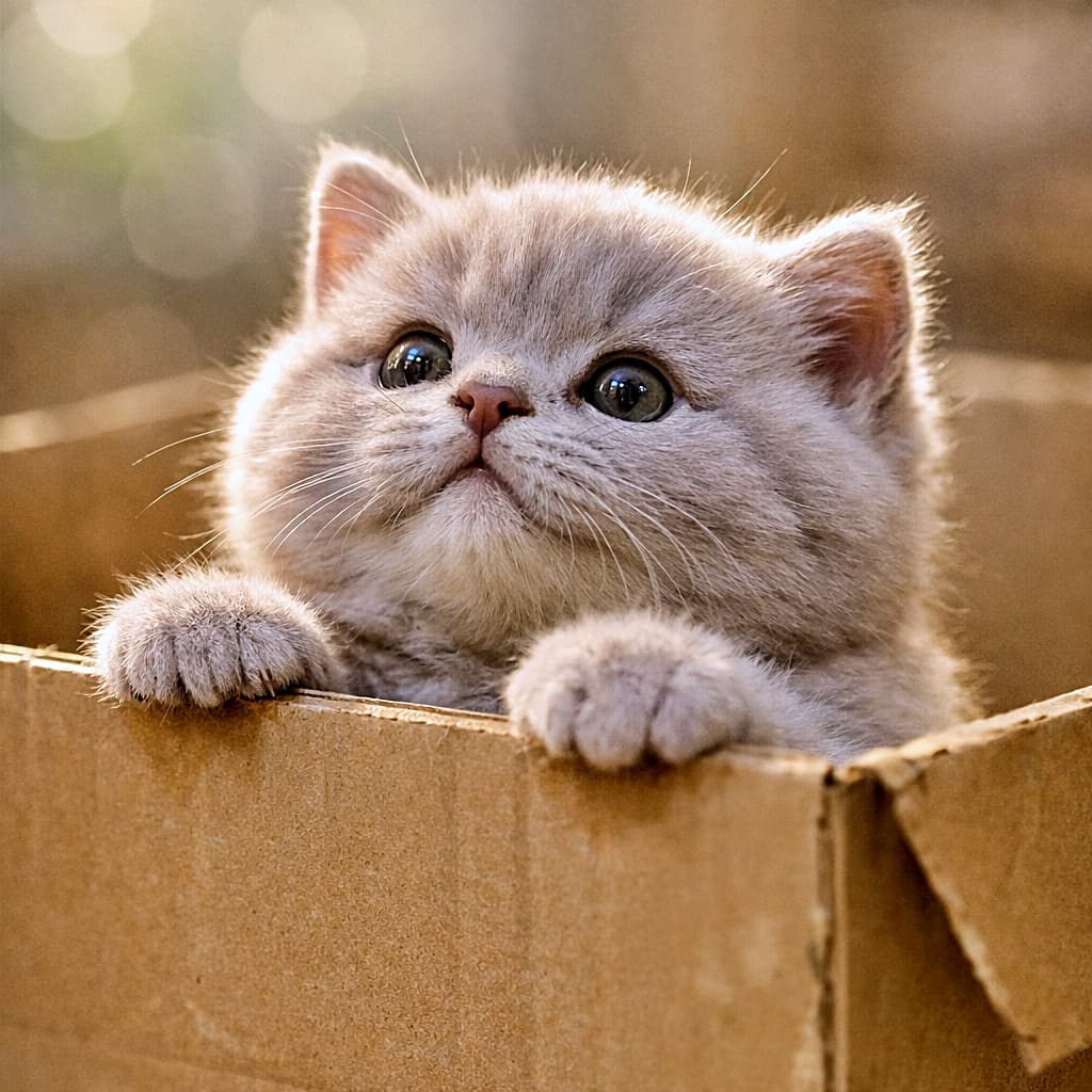「箱の中から世界をのぞく勇気。ちょこんと前足、きらきらおめめの探検開始です」A chubby lilac British Shorthair kitten peeking out of a cardboard box with its tiny paws on the edge, bathed in soft morning light, looking up with wide curious eyes. 段ボール箱の縁に小さな前足をかけ、朝のやわらかな光の中で興味津々に見上げる、丸顔のブリティッシュショートヘアの子猫