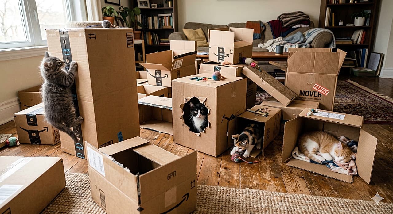「リビングがカオスな段ボール都市に！登ったり隠れたり、自由すぎる4匹の子猫たち🐱📦」A wide-angle, photorealistic photograph of a cluttered living room transformed into a chaotic cardboard city for four kittens. Numerous various-sized shipping boxes with logos like Amazon and tapes like "FRAGILE" are scattered across the wooden floor. One tabby kitten is climbing a large vertical box on the left, one black and white kitten hides inside a central box with a hole for a window, one calico kitten plays with a toy in the middle, and one orange and white kitten sleeps soundly inside a small open box on the right. The background shows bookshelves, a sofa, and plants, creating a lived-in, chaotic scene. 4匹の子猫のためにカオスな段ボール都市に変身した、雑然としたリビングルームの広角の実写写真。さまざまなサイズの配送箱（Amazonのロゴや「FRAGILE」のテープが付いたもの）が木製の床に散乱している。左側の大きな縦長の箱には1匹の縞模様の子猫が登り、中央の窓のような穴が開いた箱には1匹の白黒の子猫が隠れ、中央では1匹の三毛の子猫がおもちゃで遊んでいる。右側の小さな開いた箱では1匹の茶トラ白の子猫がぐっすり眠っている。背景には本棚、ソファ、植物が見え、生活感のあるカオスなシーンを作り出している