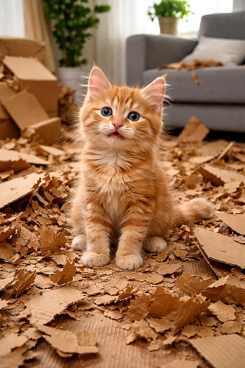 「やりきった顔で堂々と中央に鎮座する子猫。段ボールは見事に粉砕、これは確信犯のアート作品です」A mischievous orange tabby kitten sits proudly in the middle of shredded cardboard pieces scattered across a living room floor, as if presenting its playful masterpiece. 細かく引き裂かれた段ボールの上で、いたずらをやり遂げたように誇らしげに座る茶トラの子猫