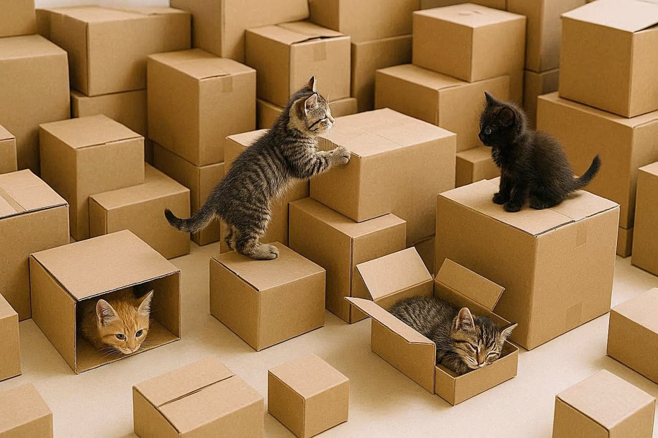 「建築美（？）爆発！同一の段ボールで作られた都市で遊ぶ、賢い4匹の子猫たち🐱📦」A wide-angle, photorealistic photograph of a structured and modular cardboard city built from numerous identical craft-paper brown cardboard boxes of various sizes. Four kittens are playing within this structured environment. One tabby kitten is actively climbing and scaling a stack of boxes in the center-left. One orange kitten is hiding and peeking out of a hole in a box in the bottom-left corner. One black kitten is sitting on a box in the center-right, observing the others. One tabby kitten is sleeping soundly inside a small open box in the bottom-right corner. The entire scene is constructed from the same cardboard material, creating a more architectural feel. さまざまなサイズの同一のクラフト紙色の段ボール箱で作られた、構造化されたモジュール式の段ボール都市の広角の実写写真。この構造化された環境の中で4匹の子猫が遊んでいる。中央左では1匹の縞模様の子猫が活発に積み上げられた箱を登っている。左下の角の箱の穴からは1匹の茶トラの子猫が隠れて覗いている。中央右では1匹の黒猫が箱の上に座り、他を観察している。右下の小さな開いた箱では1匹の縞模様の子猫がぐっすり眠っている。シーン全体が同じ段ボール素材で構成されており、より建築的な雰囲気を作り出している