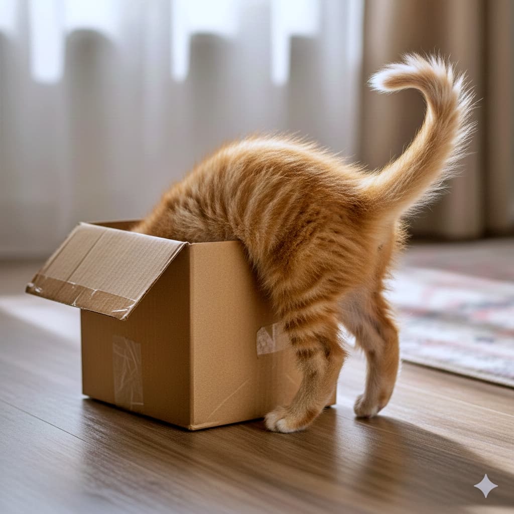 A small orange tabby kitten has its head and front paws tucked inside a cardboard box on a wooden floor, leaving only its hind legs and tail visible; soft indoor lighting and curtains in the background suggest a cozy room. 木の床の上の段ボール箱に、オレンジタビーの子猫が頭と前足を入れ込み、後ろ足と尻尾だけが見えている。柔らかな室内照明とカーテンの背景が、居心地のよい部屋を示している