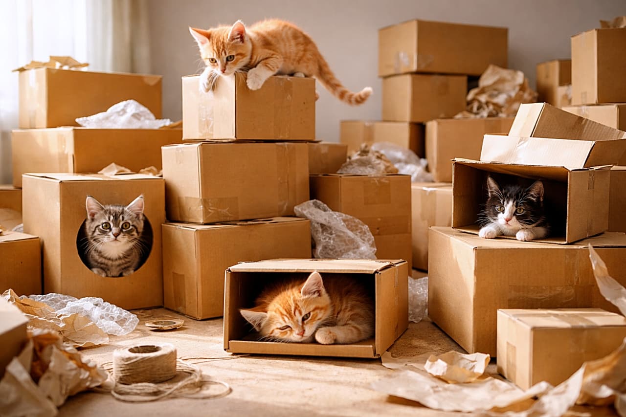 「段ボールだらけの空間が、子猫たちの遊び場に大変身！登ったり隠れたり眠ったり、それぞれの自由すぎる過ごし方が可愛くてたまりません」Four kittens playing among a scattered arrangement of cardboard boxes, forming a playful cardboard city. One kitten is climbing on stacked boxes, one is hiding inside a box, one is peeking out, and another is sleeping inside a small box. Wide shot of a bright indoor scene with packing materials. 複数の子猫たちが散らばった段ボール箱の中で遊んでいる様子。積み重なった箱によじ登る子、箱の中に隠れる子、覗いている子、小さな箱で眠る子がいる、明るい室内の広角シーン
