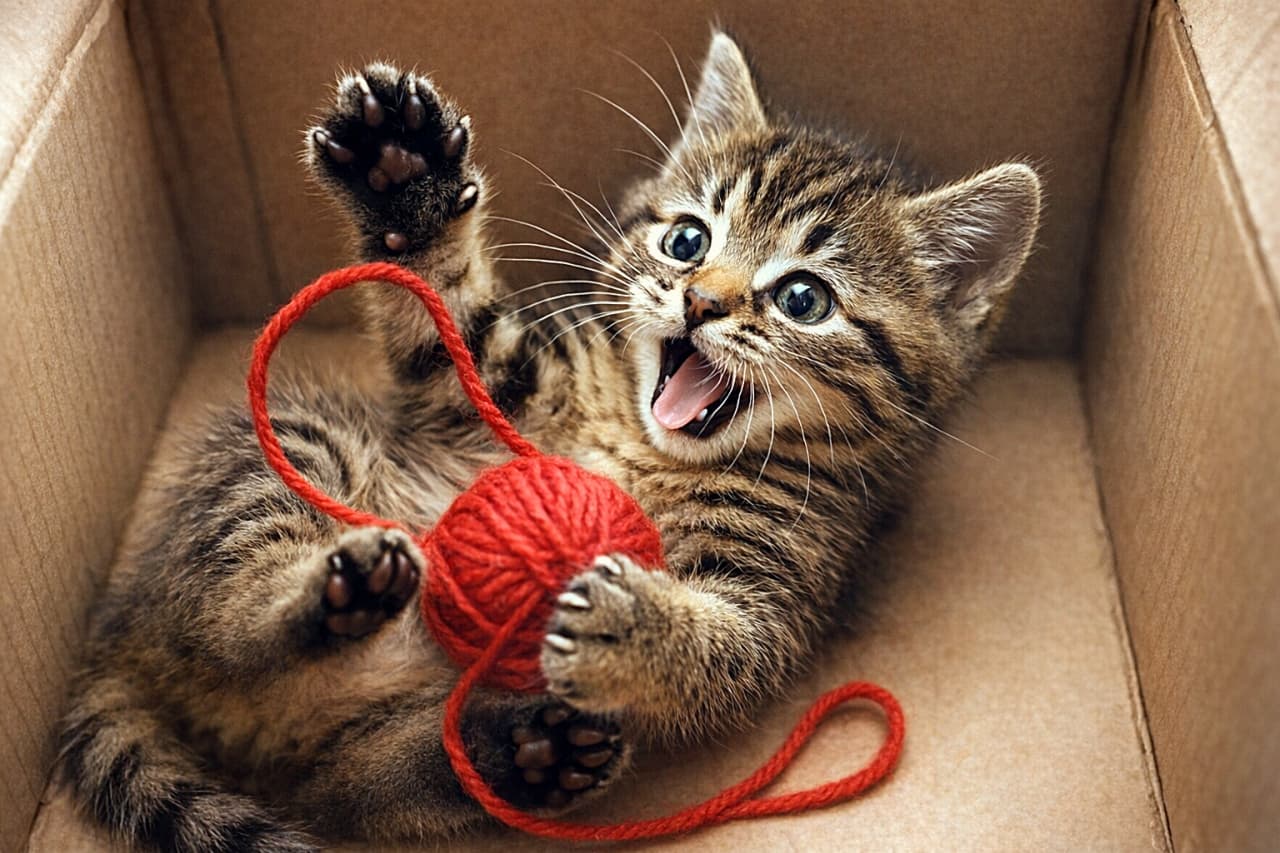 「段ボールの中は大興奮ニャ！赤い毛糸玉と遊ぶキジトラ子猫ちゃんのハッピースマイル💕」A photorealistic close-up of a tiny, playful tabby kitten lying on its back inside a cardboard box. It has its paws up, tangled in a bright red ball of yarn it is playing with, showing its small paws and toe beans. The kitten has a comically excited, wide-eyed, open-mouthed expression, showing its little tongue, looking directly at the camera. The texture of the corrugated cardboard is visible. 段ボール箱の中で仰向けになって、赤い毛糸玉で遊んでいる小さなキジトラ子猫の写実的なクローズアップ写真。子猫は四つ足を空中に上げ、毛糸が前足に絡まっており、小さな足と肉球が見える。口を大きく開けて舌を出した、非常にコミカルで興奮して楽しそうな表情をして、カメラを真っ直ぐ見つめている。段ボールの質感が背景に見える