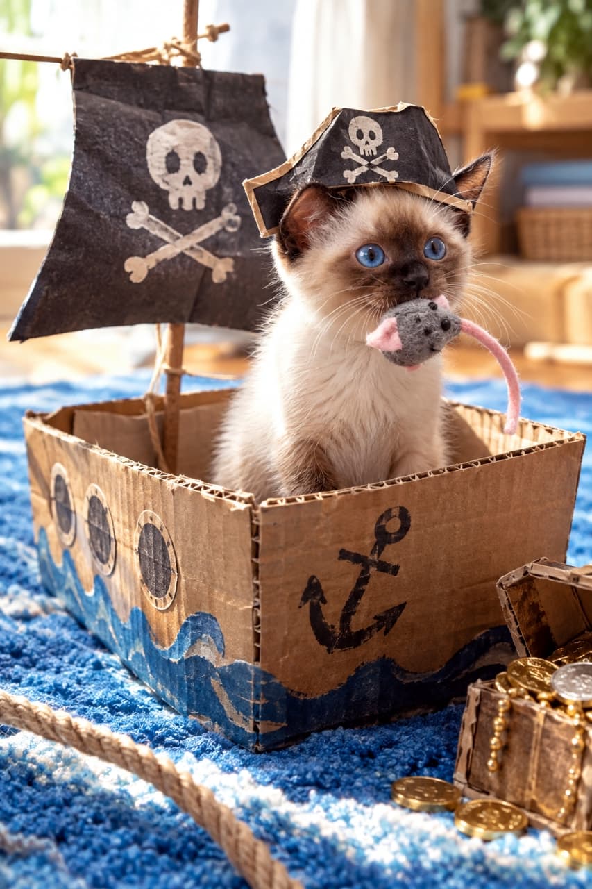 「小さな海賊船長が出航ニャ！🏴‍☠️🐭お宝のマウスをくわえて誇らしげな青い瞳に、全力でついていきたくなりますね⚓️✨ #子猫 #猫のいる暮らし #にゃんすたぐらむ」Ultra-realistic high-quality photograph of a fluffy Siamese kitten dressed as a pirate, sitting inside a cardboard pirate ship on a blue sea-like rug. The kitten wears a tiny skull-and-crossbones paper hat, shining with striking sapphire blue eyes, holding a toy mouse in its mouth next to an open treasure chest filled with gold coins under cinematic warm window light. 青いラグを海に見立てた明るい室内で、手作りの段ボール海賊船に乗るシールポイントのシャム子猫。ドクロマークの紙の海賊帽を被り、鮮やかなサファイアブルーの瞳を輝かせ、口におもちゃのネズミをくわえて佇む。手前の宝箱と金貨、窓辺からの温かなドラマチック光が冒険心をかき立てる映画のワンシーンのような情景