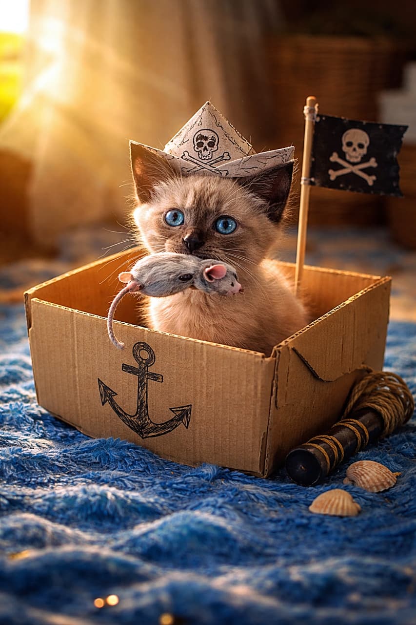「小さなシャム猫が手作り海賊帽で段ボール船に乗って宝のネズミをゲット！遊び心満点の可愛さです♪」A Siamese kitten wearing a handmade paper pirate hat sits in a cardboard box decorated as a pirate ship on a blue rug. The kitten holds a toy mouse in its mouth like treasure, surrounded by small nautical props. Warm, cinematic lighting highlights its curious expression. 手作りの紙の海賊帽をかぶったシャム猫の子猫が、段ボール箱の海賊船に座り、青いラグの上でおもちゃのネズミを宝物のようにくわえています。周囲には小さな海の小物が置かれ、温かい光が好奇心あふれる表情を照らしています
