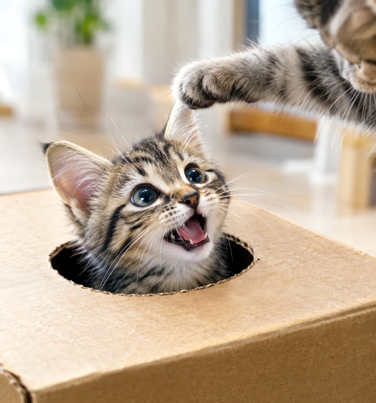 「ばぁ！ここから登場ニャ🐾突然飛び出すお顔とすかさず伸びるお手々に、元気をもらえますね📦✨ #子猫 #猫のいる暮らし #にゃんすたぐらむ」Ultra-realistic high-quality photograph of a playful tabby kitten popping its head out of a round hole in a cardboard box with its mouth wide open in excitement. Another kitten's paw reaches in from above to bat playfully at its perked ear under bright, soft natural indoor lighting. 明るい室内で、段ボール箱の丸い穴から口を開けて元気に顔を出すキジトラのミックス子猫。澄んだ青灰色の瞳を大きく輝かせ、右上からは仲間の前足が耳へ伸びてじゃれ合う。柔らかな自然光が美しい縞模様の被毛を鮮明に映し出す躍動感あふれる情景