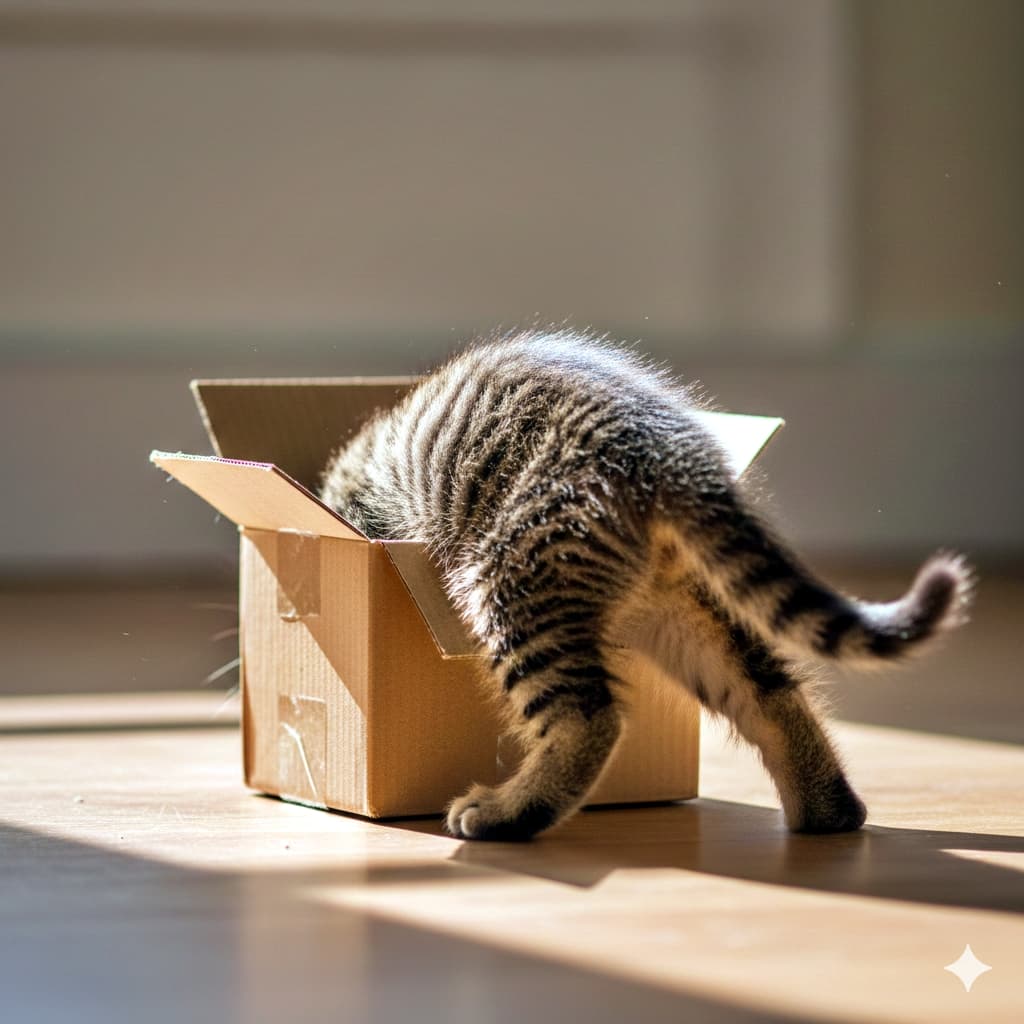 A close-up, side‑rear view of a small tabby kitten with its head and front paws fully inside a tiny cardboard box; only its fluffy hind legs, hips, and tail stick out on a sunlit wooden floor, with soft natural light casting clear shadows and highlighting the fur and corrugated cardboard textures. 小さなキジトラ子猫を側面後方から寄りで捉え、頭と前足が小さな段ボール箱の中に完全に隠れ、ふさふさの後脚と腰、尻尾だけが日差しの当たる木の床に突き出ている。柔らかな自然光が影を落とし、毛並みと段ボールの波板の質感が際立つ