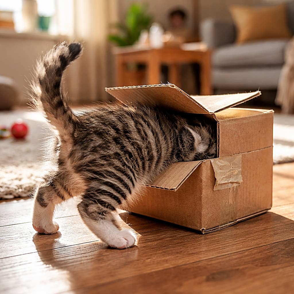 「頭だけすっぽり入って満足気？入りきらないのに夢中で突き進む子猫のかわいい瞬間🐾」A fluffy tabby kitten with its head inside a cardboard box and its hind legs sticking out to the left, in a softly lit indoor living room. 段ボール箱に頭を突っ込み、左側に後ろ足としっぽが出ている子猫。やわらかな自然光の室内シーン