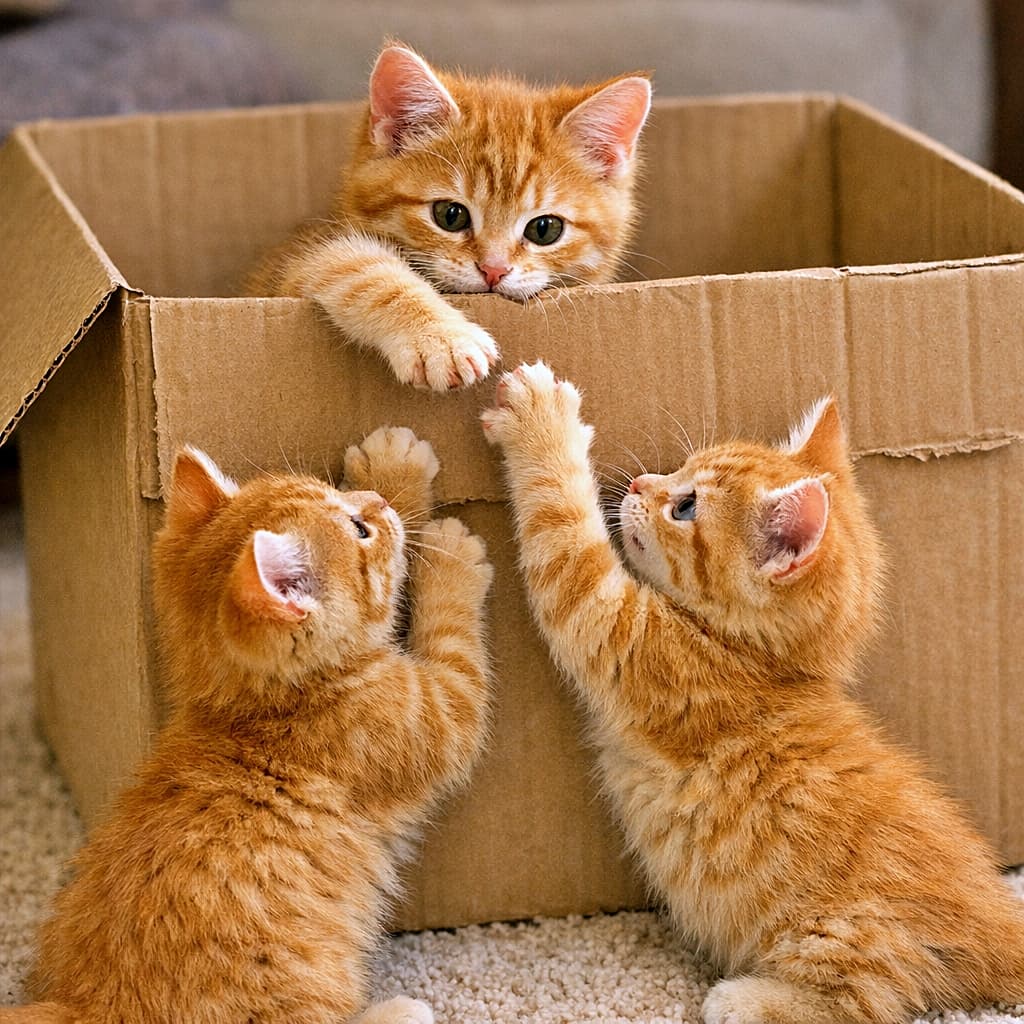 「茶トラ3兄弟の段ボール争奪戦！📦💨 「ここから先は通さないニャ！」可愛い攻防戦にキュン🥰🧡」Close-up of three ginger kittens playing with a cardboard box. One kitten inside the box reaches a paw out to touch the paws of two other ginger kittens standing on their hind legs outside. 段ボール箱で遊ぶ3匹の茶トラ子猫のクローズアップ。箱の中にいる1匹が前足を出し、外で後ろ足立ちしている2匹の茶トラ子猫とじゃれ合っている