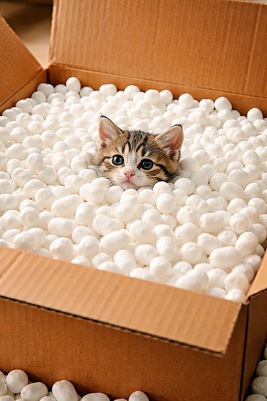 「ふわふわのピーナッツに埋もれてひょっこり登場！ちょこんと顔を出す子猫の好奇心があふれる、かわいさ満点のひとコマです🐾」A tiny kitten peeking out from the surface of a cardboard box filled with white packing peanuts, with only its head visible, surrounded by textured foam filling. 白い梱包用ピーナッツで満たされた段ボール箱の中から、小さな子猫が頭だけを出して周囲を見ている様子