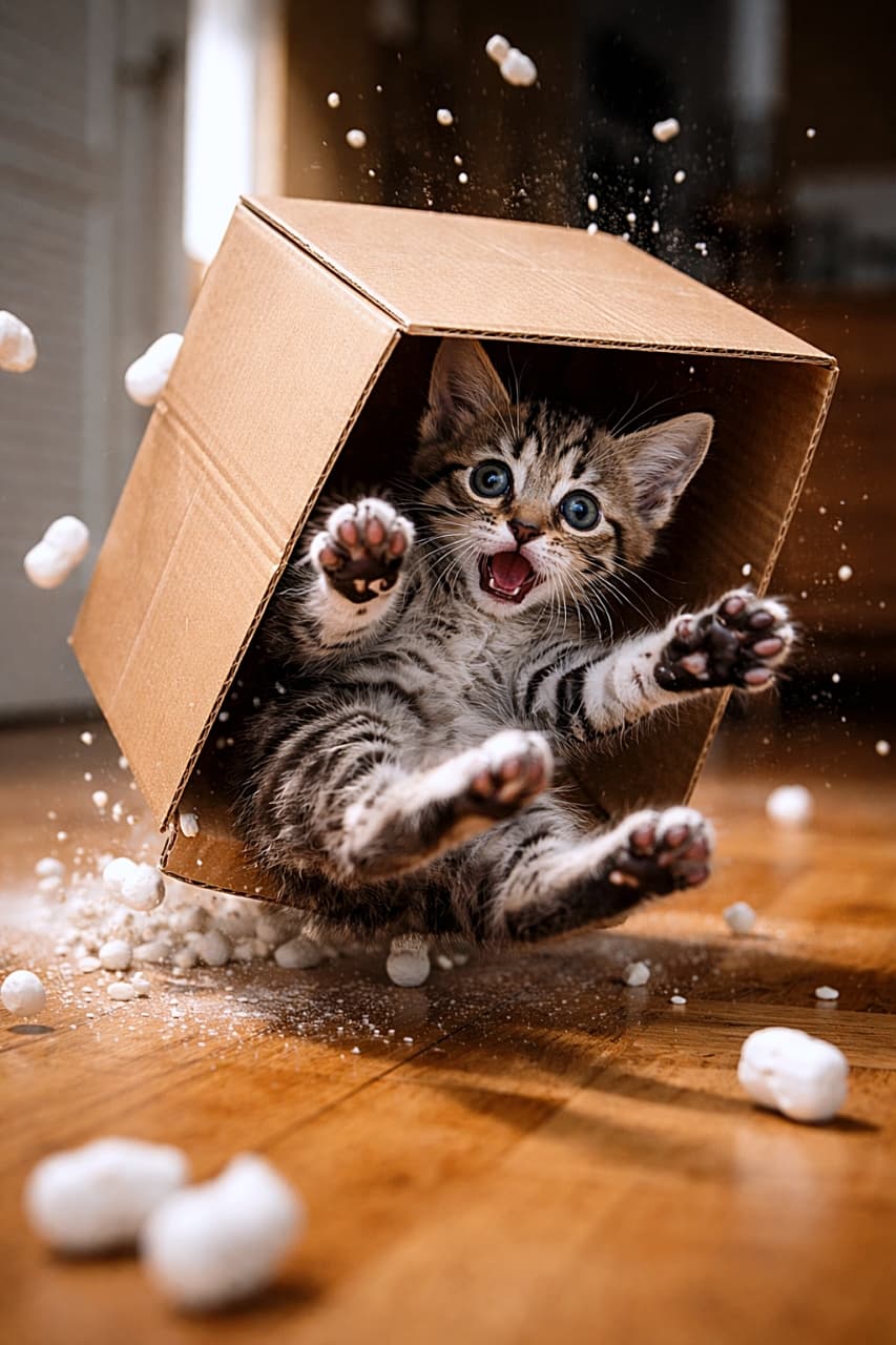 「思わずドキッとする瞬間。箱ごと転がる子猫の必死な姿と、軽やかな動きが生むユーモラスな一枚🐾」A high-speed photograph of a surprised tabby kitten tumbling out of a tipped cardboard box, with paws flailing in the air and packing peanuts scattered around, capturing a humorous moment of lost balance. 倒れた段ボール箱から飛び出す途中でバランスを崩し、前足をばたつかせて驚いた表情を見せるキジトラの子猫を高速撮影で捉えたシーン
