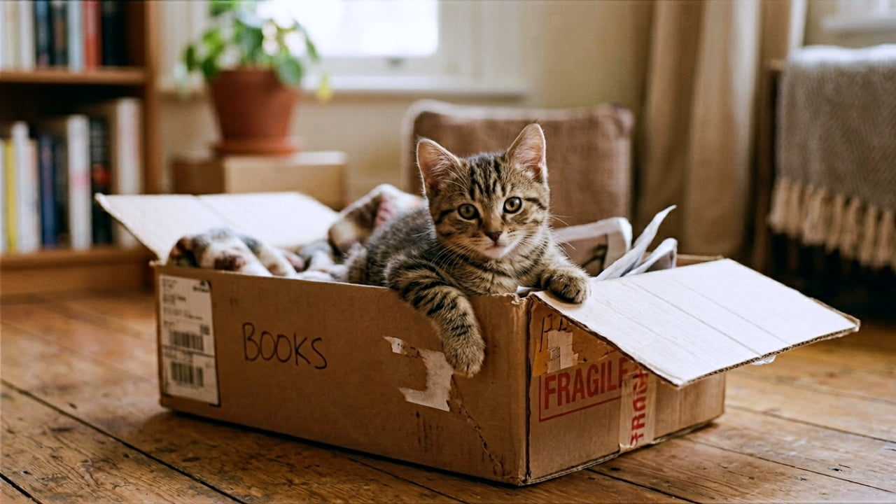 「「本」の箱に入っちゃった！📚 壊れ物注意（FRAGILE）な可愛さ爆発中の子猫ちゃん。映画のワンシーンみたいでエモすぎ…🐾✨」A candid 35mm film photograph of a small tabby kitten sitting comfortably inside a weathered cardboard box. The box has the word "BOOKS" handwritten on its side and a red "FRAGILE" sticker near the corner. One of the kitten's front paws is draped casually over the edge of the box. The image features a warm, analog aesthetic with slight film grain, soft ambient lighting, and a blurred background containing a bookshelf and a potted plant. 35mmフィルム特有の柔らかな質感で捉えられた、古い段ボール箱の中に座るキジトラの子猫のポートレート。「BOOKS」という手書きの文字や「FRAGILE（壊れ物注意）」の赤いステッカーが貼られた箱から、子猫が前足を一本、無造作に外へ投げ出しています。背景には本棚や観葉植物が優しくぼけて写り込んでおり、自然光に包まれた温かみのある日常のワンシーンを切り取っています