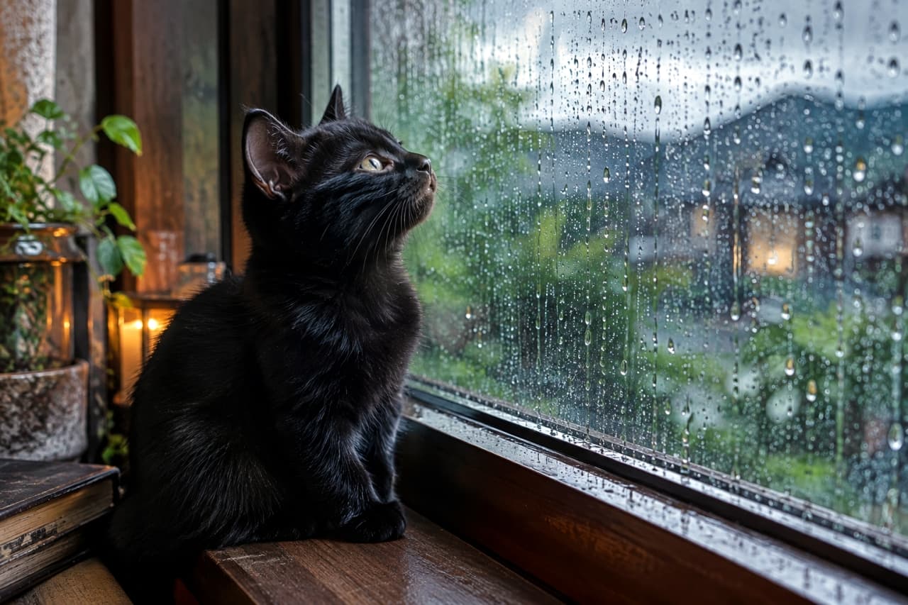 「雨の日も絵になる黒猫さん☔️窓の外の世界に夢中な横顔が素敵で、見惚れてしまいます✨」An ultra-realistic high-quality photograph of a black kitten sitting on a window sill, looking up sadly out of a window covered in heavy rain streaks. 激しい雨粒が無数についた窓ガラス越しに、外の景色をじっと見上げている黒猫の子猫。窓枠にちょこんと座り、美しい横顔を見せている。しっとりとした情緒的な雰囲気が漂う