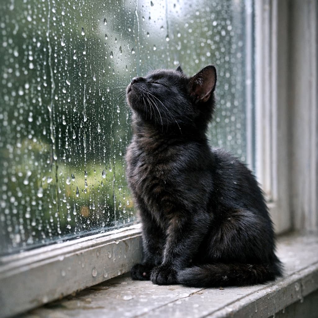「「クンクン…これが雨の匂いニャ」目を閉じてうっとり。静かな時間に癒やされるね」A calm black kitten sits on a stone windowsill with eyes closed, tilting its head back to sniff the petrichor scent through the rain-covered window. The lighting is moody and soft. 石の窓辺に座り、目を閉じて頭を後ろに傾け、雨に濡れた窓越しに雨上がりの土の匂いを静かに嗅いでいる穏やかな黒猫の子猫。照明はムーディーで柔らかい