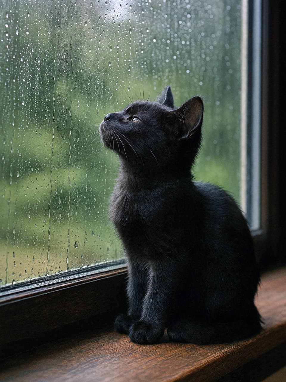 「雨音の余韻に、ちいさな哲学者がそっと耳を澄ます」A sleek black kitten sits on a wooden windowsill, gently sniffing the fresh petrichor after a summer rain. Raindrops cling to the glass, and soft moody light highlights the kitten’s calm, contemplative expression. 夏の雨上がり、木製の窓辺に座った黒い子猫が、雨の匂いを静かに嗅いでいる。ガラスには水滴が残り、柔らかな陰影が子猫の落ち着いた表情を照らしている