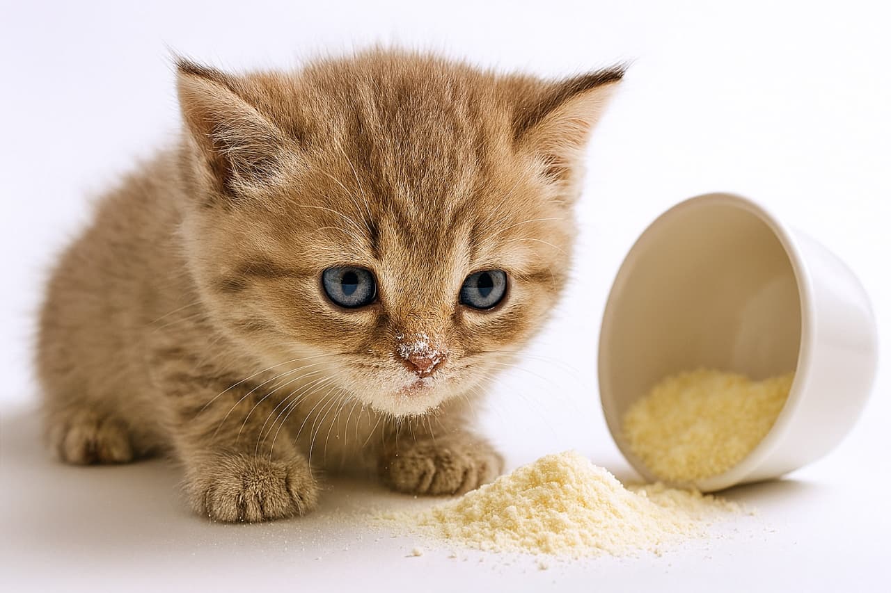 「「あッ…こぼしちゃった」お鼻が真っ白だよ!クリクリお目々で反省しても、証拠はバッチリ残ってるぞ〜」A fluffy brown tabby kitten with blue eyes crouching on a white background, sniffing a pile of spilled milk powder from a tipped-over white bowl. Its nose is dusted with the white powder. 白い背景の中で、ひっくり返したボウルからこぼれた山盛りの粉ミルクの匂いを嗅いでいる、鼻の頭を粉で真っ白にした茶色のタビーの子猫