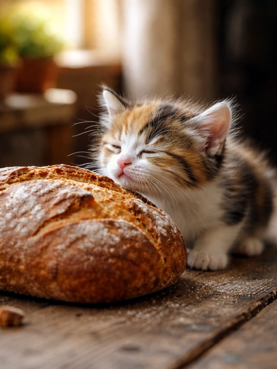 「「はぁ〜、いい匂い…」お座りして香りだけ楽しむグルメな子猫ちゃん。一口ちょうだい?焼きたてパンの香りにうっとり夢見心地。小さな三毛猫が全力で幸せを吸い込む、ほっこり癒しのワンシーン✨」A tiny calico kitten with eyes closed blissfully sniffing a warm, crusty loaf of freshly baked bread on a rustic wooden table, soft natural lighting and shallow depth of field. 素朴な木製テーブルの上で、焼きたての香ばしいパンに顔を寄せ、目を閉じてうっとりと香りを楽しむ小さな三毛猫の子猫