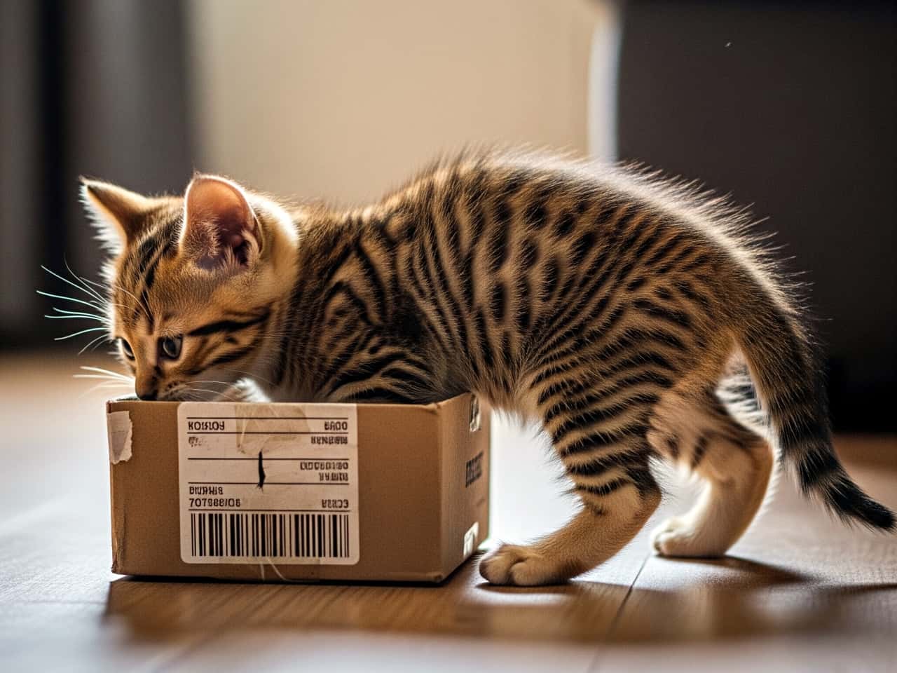 木目の床に置かれた小さな段ボール箱を、好奇心いっぱいのトラ柄子猫が前足を入れて覗き込んでいる。背景にはソファがあり、室内の柔らかな自然光が猫の毛並みと箱を優しく照らしている