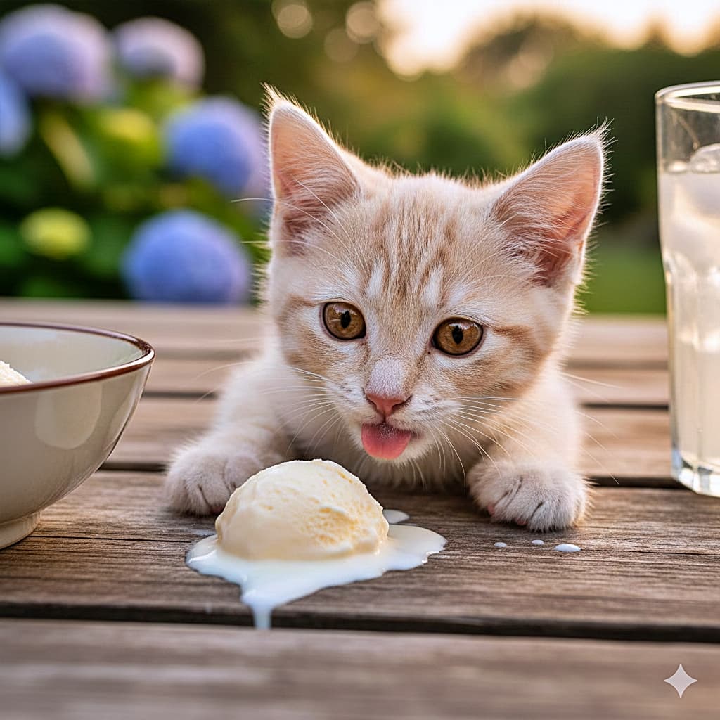 「冷たくてあま〜い!溶けかけアイスを独り占め。「これ全部ボクの?」夢中でペロペロ止まらない」A pale cream-colored kitten lying on a wooden table, sticking its tongue out to eagerly lick a scoop of melting vanilla ice cream. 木のテーブルの上で、溶けかけたバニラアイスクリームの塊(スクープ)を、舌を出して正面から夢中で舐めているクリーム色の子猫