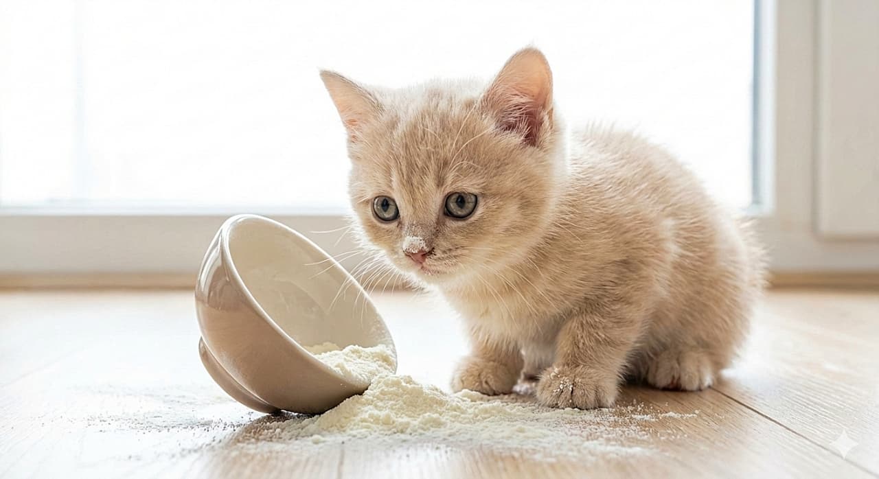 「甘い匂いに誘われて…。粉ミルクまみれになっちゃった!「これ美味しいの?」ってキョトン顔が尊い」A pale cream-colored fluffy kitten sitting on a wooden floor in a bright room, looking curiously at a tipped bowl and spilled baby formula powder that has dusted its nose. 明るい部屋の木の床の上で、ひっくり返ったボウルからこぼれた粉ミルクを不思議そうに見つめる、鼻先に粉がついたクリーム色の子猫