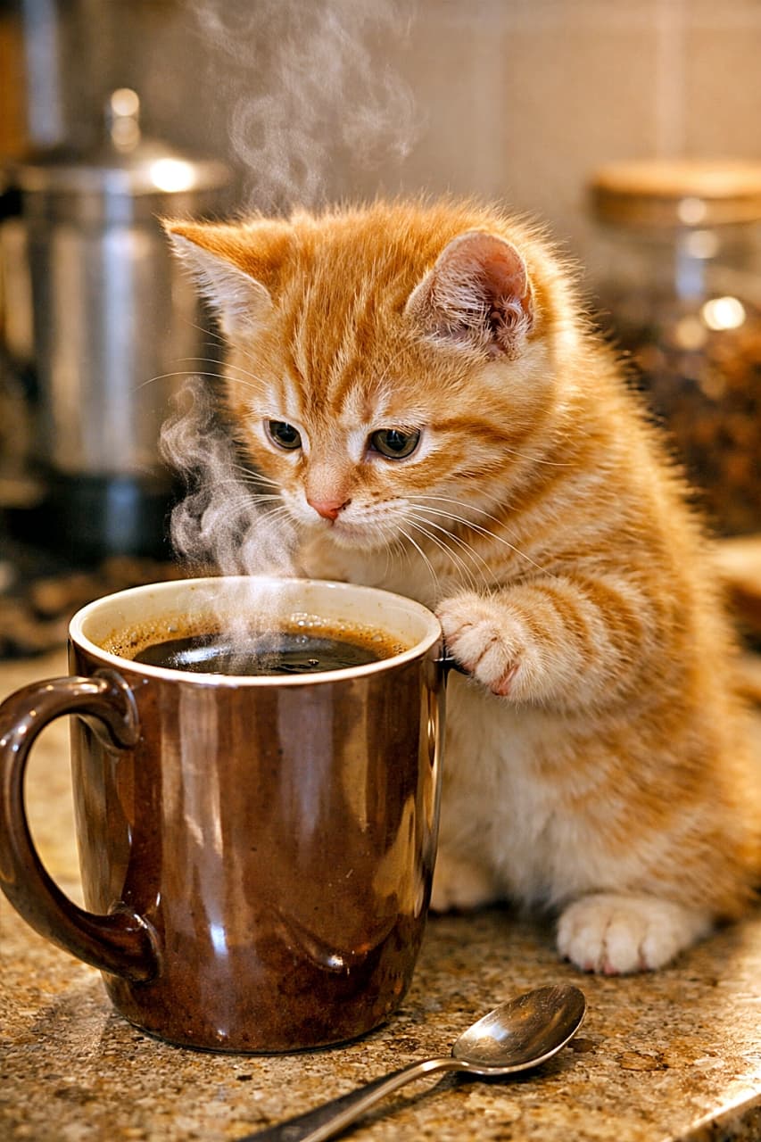 「湯気がくすぐるたびに興味津々☕コーヒーをのぞき込む子猫が可愛すぎる!」A curious ginger kitten standing on its hind legs, peering into a steaming mug of freshly brewed coffee on a warm kitchen counter. 温かいキッチンカウンターの上で、湯気の立つコーヒーマグを後ろ足で立って覗き込む好奇心いっぱいの茶トラ子猫