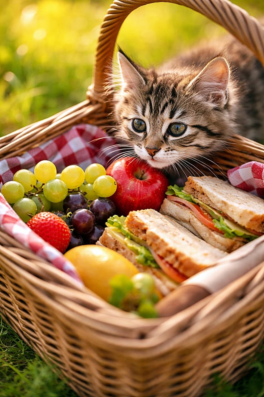 「ピクニックのごちそうに興味津々!鼻をひくひくさせながら宝探し気分の子猫ちゃん」A curious tabby kitten poking its head into a picnic basket filled with fruits and sandwiches, sniffing with delight in warm outdoor light. 果物やサンドイッチが入ったピクニックバスケットに顔をのぞかせ、楽しそうに匂いをかぐ好奇心旺盛な子猫