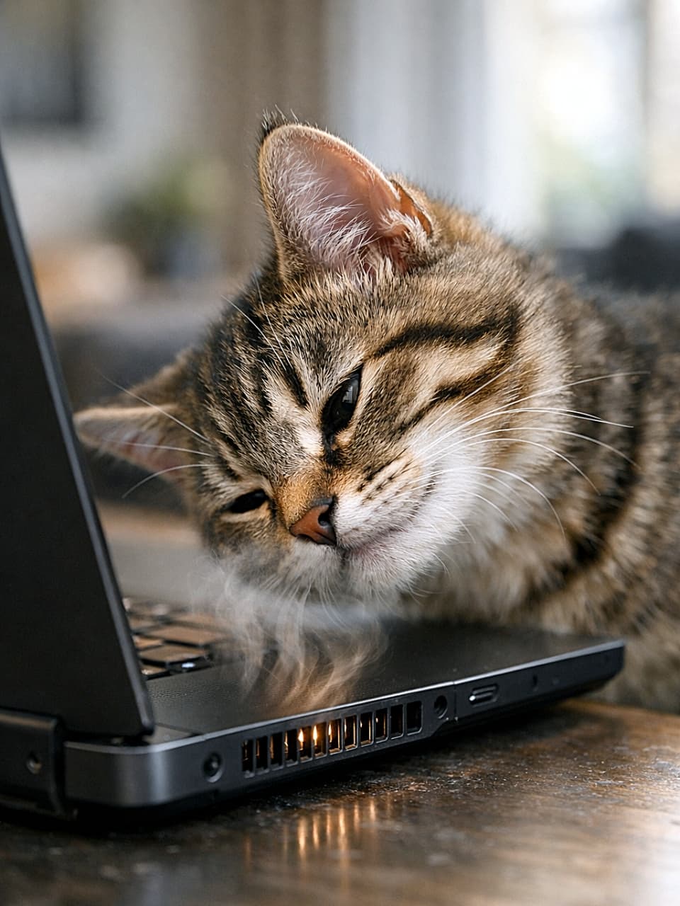 「パソコンのあったかい風に興味津々!首をかしげてクンクンする子猫の不思議そうな表情がたまらない一瞬✨」A curious tabby kitten tilting its head and sniffing the warm air vent of a running laptop in a modern indoor setting, close-up and photorealistic. 動作中のノートパソコンの排気口に顔を近づけ、首をかしげながら温かい空気の匂いを嗅ぐキジトラの子猫のクローズアップ写真