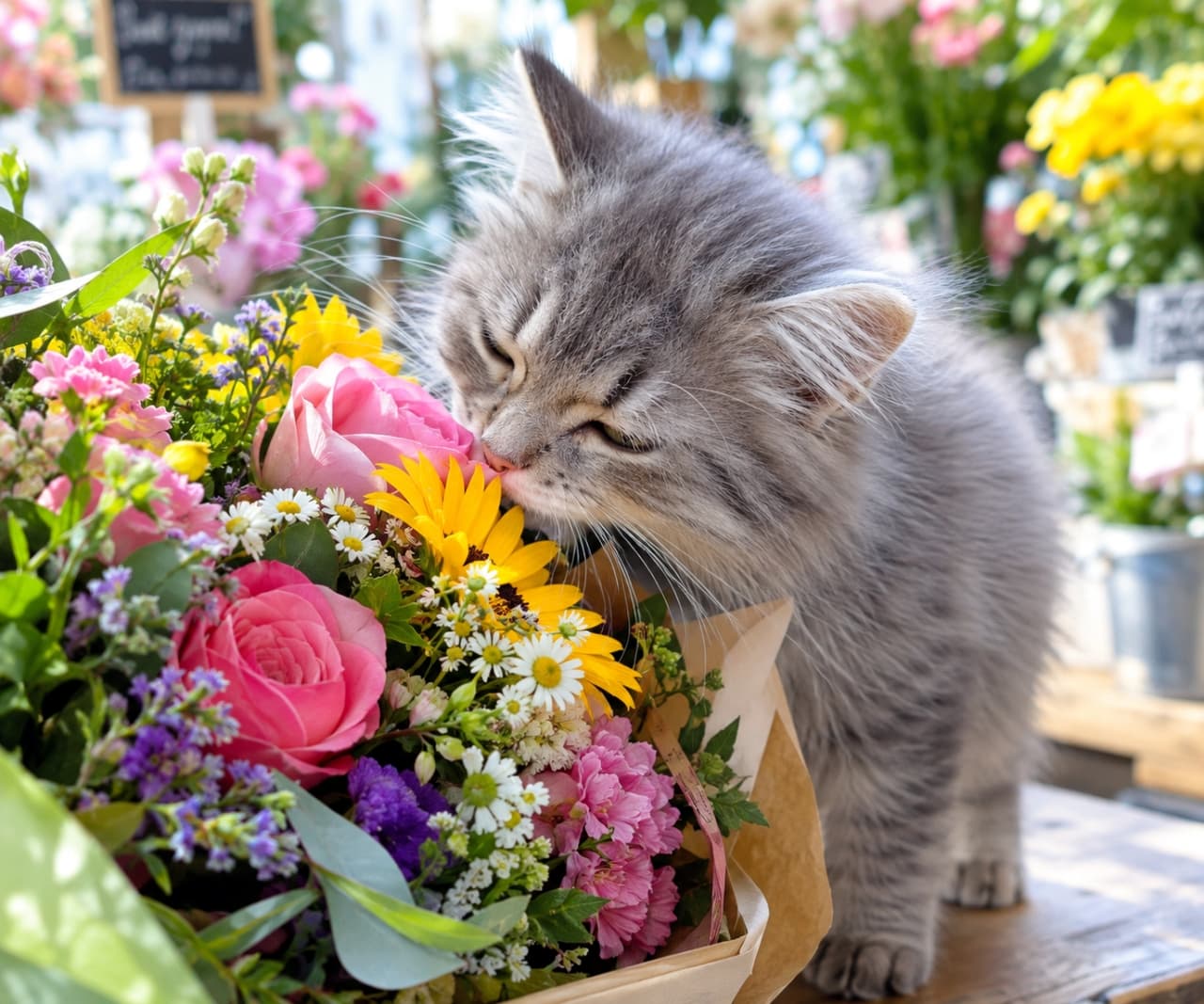 「お花の良い香り💐✨ 春を運んできてくれた可愛いお花屋さんの看板猫ちゃん発見🌷🐾」An ultra-realistic high-quality photograph of a fluffy grey kitten closing its eyes and gently smelling a colorful bouquet of roses and sunflowers in a bright, sunlit flower shop. ピンクのバラや黄色いヒマワリが鮮やかな美しい花束に顔をうずめ、目を細めてお花の匂いを嗅いでいる長毛種のグレーの子猫。背景にも花が並び、フラワーショップのような華やかで優しい光に包まれた構図