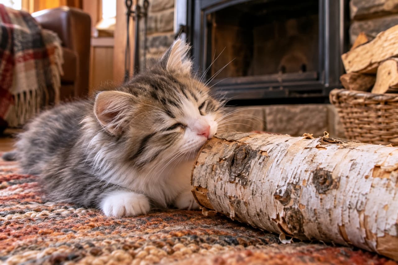 「くんくん、自然の木のいい匂い🌲暖炉のそばでぬくぬくリラックスモードの猫ちゃんに癒やされる冬の夜🔥」An ultra-realistic high-quality photograph of a fluffy tabby and white kitten closing its eyes and smelling a white birch log on a patterned rug, with a warm brick fireplace in the background. 温かい暖炉の火が灯る室内で、素朴な柄のラグの上に伏せ、白樺の薪に目を細めて心地よさそうに鼻を擦り付けて匂いを嗅いでいる長毛種のキジ白子猫。背景にはレンガ造りの暖炉や薪カゴがあり、冬の温もりを感じる空間