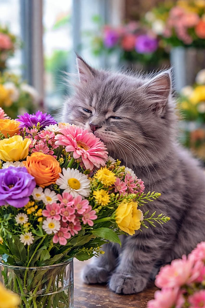 「お花の香りにうっとり…鼻まで幸せに包まれた小さな探検家さん🌸🐾」A fluffy grey kitten burying its tiny nose into a colorful bouquet of fresh flowers at a flower shop, sniffing deeply with whiskers spread wide in soft daylight. 花屋のカラフルな花束に小さな鼻を埋め、ひげを広げて夢中で香りを嗅ぐ、ふわふわのグレーの子猫