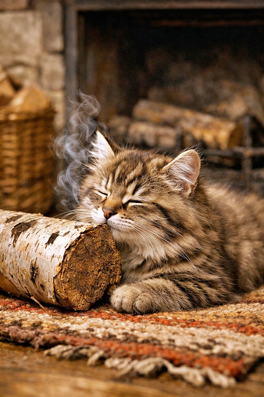「薪の香りにうっとり…まだ火はないのに、心だけぽかぽかしている小さな暖炉番」Fluffy kitten lying on a rustic rug in front of an unlit fireplace, sniffing a birch firewood log with a dreamy and calm expression. 火の消えた暖炉の前の素朴なラグに寝そべり、白樺の薪の香りを嗅いでうっとりしているふわふわの子猫