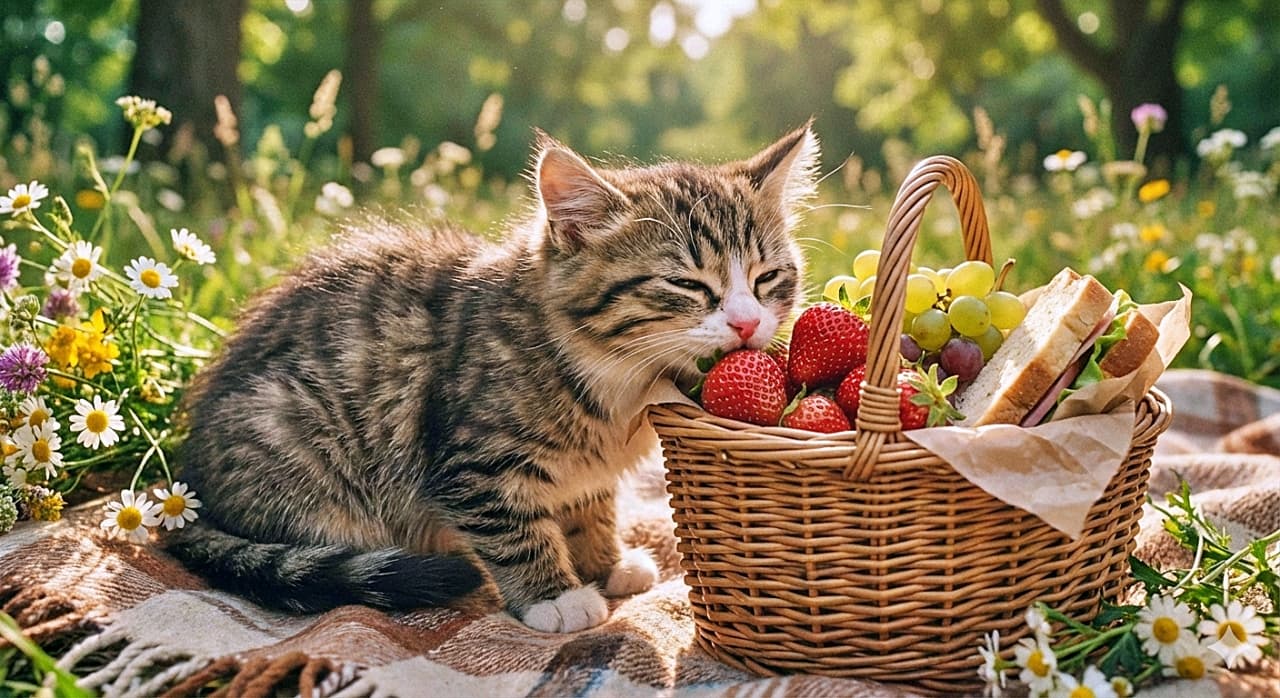 「お花畑で甘〜い香り。「イチゴ見つけた!」うっとり顔で春のピクニックを満喫中♪」A fluffy tabby kitten with a blissful expression sniffing fresh strawberries in a basket on a plaid blanket, surrounded by a sunny flower meadow. 花が咲く草原でチェック柄のシートに座り、バスケットに入った山盛りのイチゴの香りを、目を細めてうっとりと嗅いでいるふわふわのキジトラの子猫