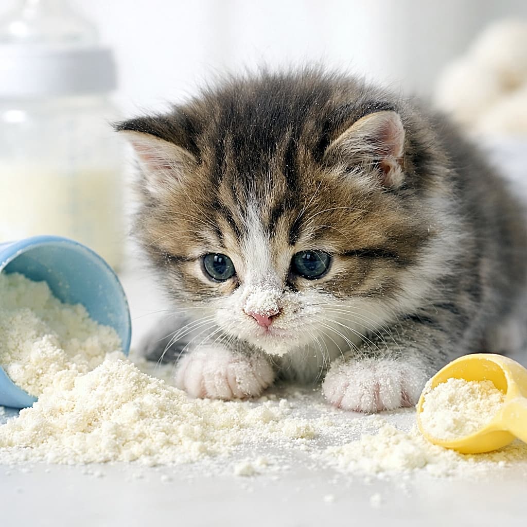 「「…これ、ぼくじゃないよね?」粉ミルク事件現場で固まるもふもふ犯人🐾」Fluffy young kitten sniffing spilled baby formula powder with powder dusted on its nose and paws, small overturned bowl and scoop beside it, bright high-key lighting, photorealistic. 粉ミルクをこぼしてしまい、鼻と前足を粉まみれにしながら匂いを嗅ぐふわふわの幼い子猫。横には倒れた小さなボウルとスプーン