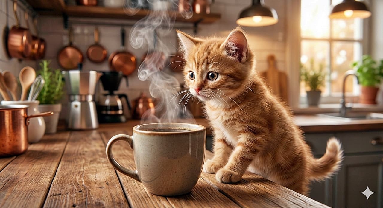 「朝のキッチンで探検開始!尻尾ピン!でコーヒーをチェックする後ろ姿が可愛いね」A ginger kitten with its tail standing straight up, standing on a bright kitchen counter and looking curiously sideways into a mug of coffee. Copper pots and a window are in the background. 銅製の鍋や窓がある明るいキッチンカウンターの上で、尻尾をピンと立て、興味深そうにコーヒーマグの横から中を覗き込んでいる茶トラの子猫