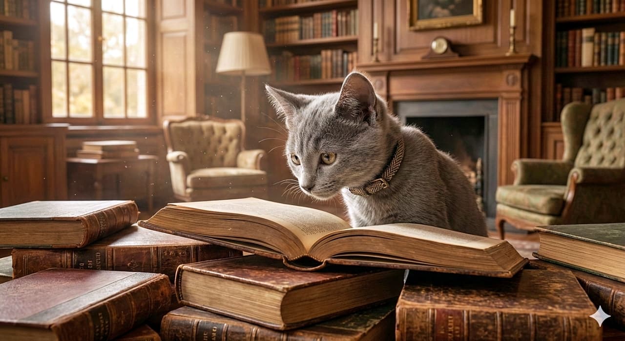 「まるで小さな学者さん!首輪がお似合いの猫ちゃん、難しい本を真剣に解読中かな?」A grey kitten wearing a collar, leaning over an open book on a desk in a classic library with a fireplace and armchairs in the background, looking as if it is reading. 暖炉や肘掛け椅子があるクラシックな図書室で、首輪をしたグレーの子猫が机の上の開かれた本を覗き込み、まるで読書をしているかのような様子