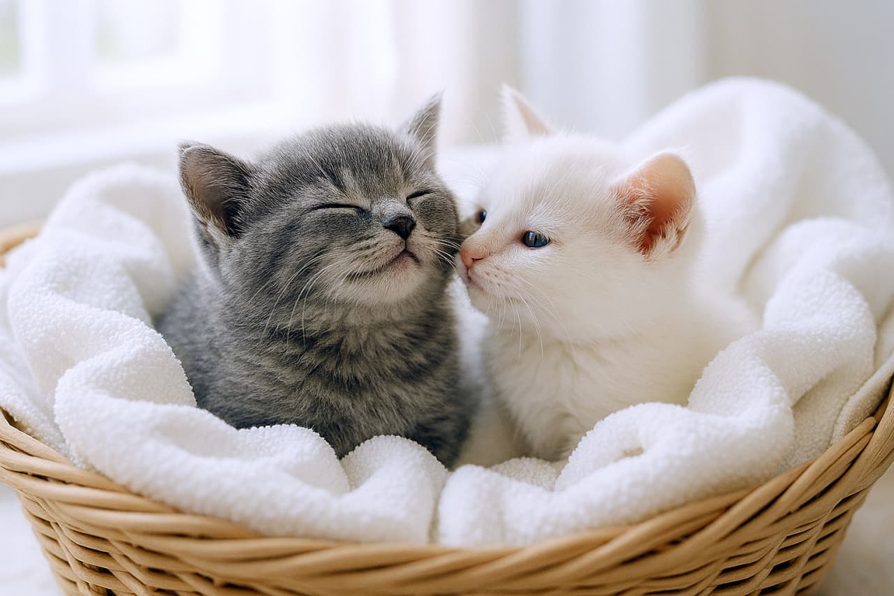 「「大好き!」ってチュッ♡ 洗いたてタオルのカゴの中でイチャイチャ。仲良しすぎて見てるこっちが照れちゃう!」Two kittens, one grey and one white, cuddling in a basket of fluffy white towels. The grey kitten has eyes closed in bliss, while the white kitten affectionately nuzzles the grey one's cheek. ふわふわの白いタオルが入ったカゴの中で寄り添うグレーと白の2匹の子猫。グレーの子猫は目を閉じて幸せそうにしており、白い子猫がその頬に愛おしそうに鼻を寄せている