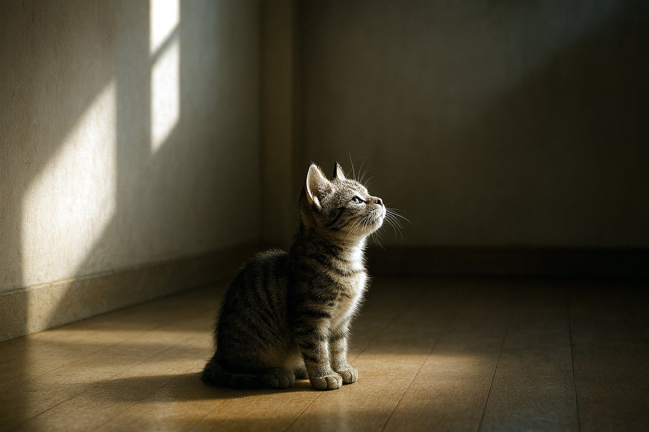 「ふわっと漂うナゾのかおり、集中モード発動」A photorealistic kitten sits alone in the center of a sunlit, empty room. It raises its head slightly and sniffs the air with intense concentration, as if following a faint, mysterious scent. Soft light from a large window casts long shadows across the minimalist wooden floor. 日差しの差し込む空っぽの部屋の中央に、子猫がひとりで座っている。かすかな謎めいた匂いを追うように、鼻先を上げて空気を真剣に嗅いでいる。大きな窓からの光が床に長い影を落とし、ミニマルな空間に静けさが漂う