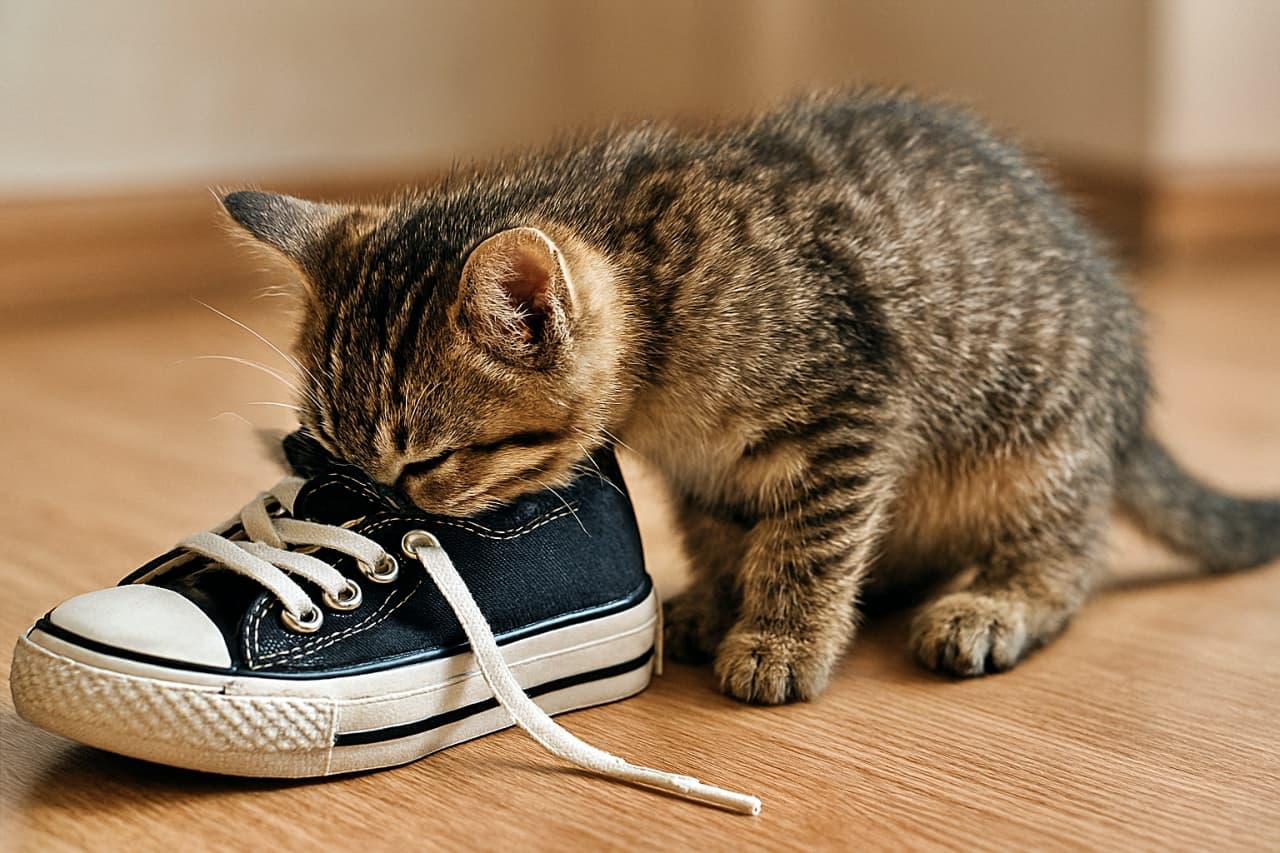 「この中に秘密の香りが…!?くんくん探偵、出動ニャ!」A photorealistic image of a curious tabby kitten sniffing inside a black and white sneaker lying on a light wooden floor. The kitten’s nose is deep inside the shoe, with its ears perked and tail stretched behind. Soft lighting and shallow depth of field highlight the realistic fur texture and sneaker details. 黒と白のスニーカーの中をくんくんと嗅いでいる好奇心旺盛なトラ柄の子猫の写実的な画像。子猫の鼻は靴の奥に入り込み、耳はピンと立ち、しっぽは後ろに伸びている。柔らかな光と浅い被写界深度が、リアルな毛並みとスニーカーの質感を際立たせている